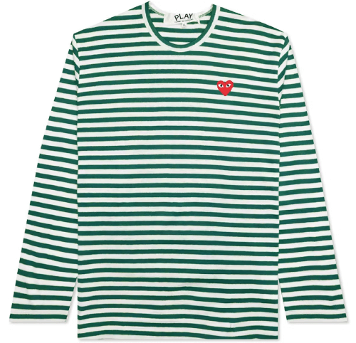 CDG-PLAY-Big-Red-Heart-Striped-LS-T-Shirt-White-Green.png CDG PLAY Big Red Heart Striped L/S T-Shirt (White/Green) - Image 1