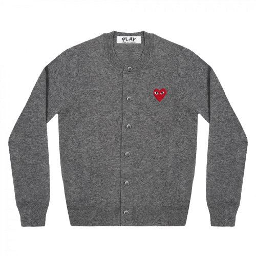 CDG-PLAY-Round-Neck-Cardigan-Red-Emblem-Grey.png CDG PLAY Round Neck Cardigan Red Emblem Grey - Image 1