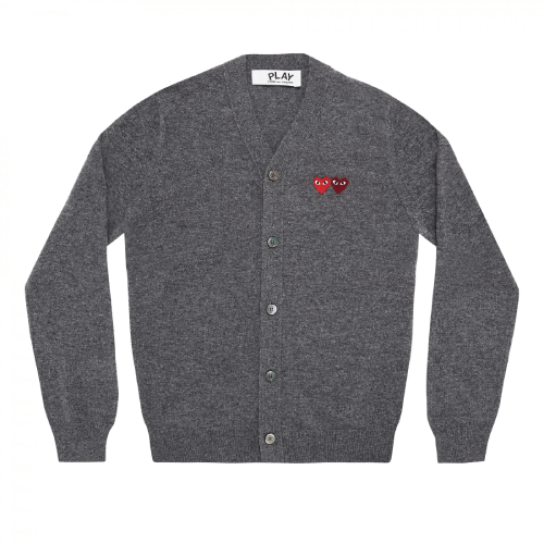 CDG-PLAY-V-Neck-Mens-Cardigan-with-Double-Emblems-Grey.png CDG PLAY V-Neck Men's Cardigan with Double Emblems Grey - Image 1