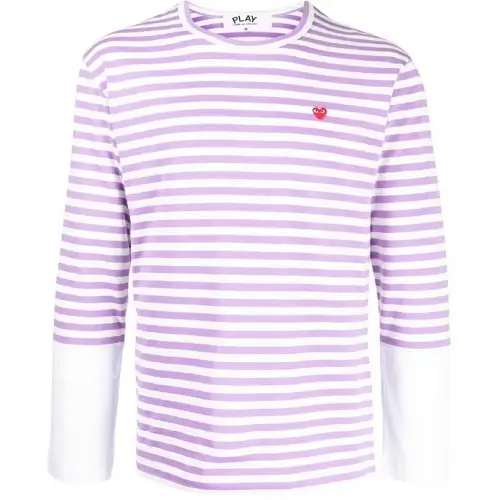 CDG-Play-Embroidered-Logo-Striped-Long-Sleeve-Purple-White-Tee.webp CDG Play Embroidered Logo Striped Long-Sleeve Purple/White Tee - Image 1