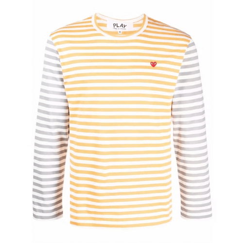 CDG-Play-Embroidered-Logo-Striped-Long-Sleeve-Tee-Yellow-Grey.png CDG Play Embroidered Logo Striped Long-Sleeve Tee (Yellow/Grey) - Image 1