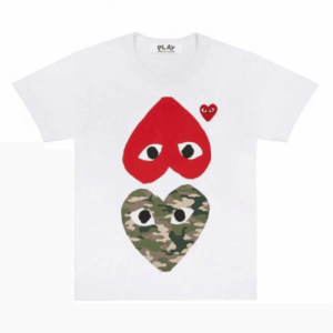 CDG Play White T-Shirt With Camo Printed Mirror Hearts